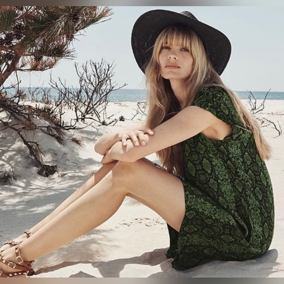 ANTHROPOLOGIE Size XS Green & Black Snake Print Rachel Tunic Dress w/Pockets - Picture 3 of 11